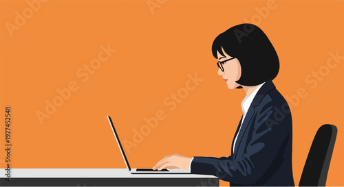 A woman in a suit wearing glasses sitting at a desk using a laptop with an orange background