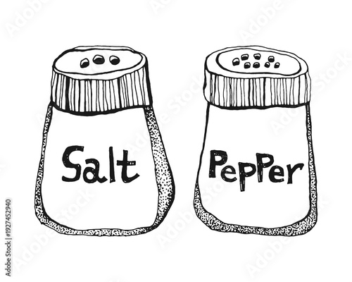 Hand drawn salt and pepper shakers sketch vector illustration. Vintage style saltcellar and pepper pot for restaurant menu, kitchen decors, culinary blogs, cookbook, packaging design, stickers.
