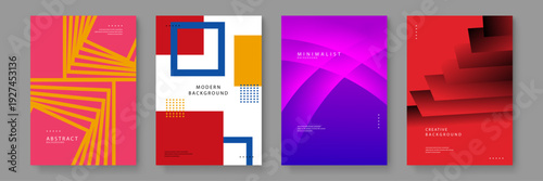 Collection of four premium abstract backgrounds featuring geometric shapes vivid colors and modern minimalist compositions for creative projects