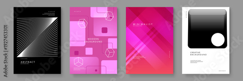 Versatile collection of four modern backgrounds featuring line art 3D cubes pink gradients and black and white minimalist shapes