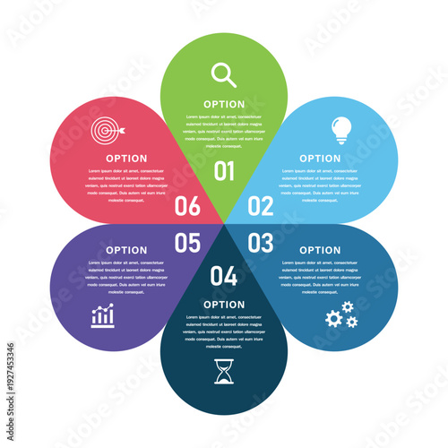 Colorful Six Petal Flower Infographic Template for Business Strategy, Marketing Options, Workflow Steps, and Educational Presentations
