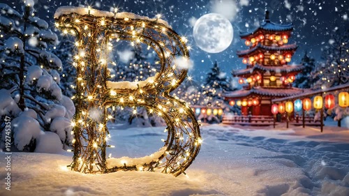 Illuminated Letter B Constructed from Fairy Lights in a Snowy Japanese Landscape by a Pagoda Under a Full Moon
