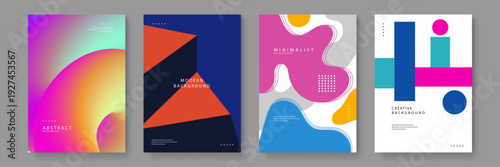 Collection of four professional background templates featuring fluid gradients 3D blocks organic blobs and creative geometric compositions for modern branding