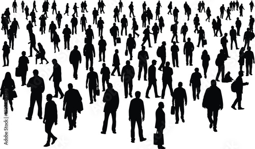 Large crowd of walking business people silhouettes isolated on white background, urban pedestrian workforce vector illustration set