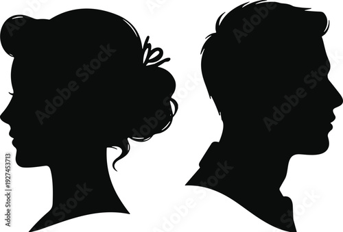 Male and female head silhouette profiles isolated on white background, human face side view vector illustration set