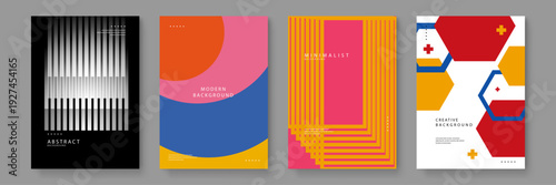 Collection of four diverse abstract background posters featuring geometric shapes and vibrant color palettes for creative design projects