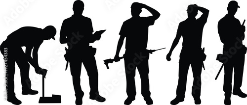 Construction worker silhouettes with tools isolated on white background, professional builder team vector illustration set for industrial industry