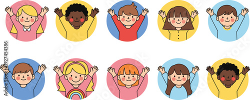 Diverse happy children portraits in colorful circles, multicultural kids raising hands illustration, inclusive education concept, diversity, equality and cheerful childhood expression set
