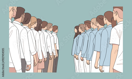 Groups of people standing in lines facing each other, social division and comparison concept, teamwork, organization structure, crowd formation and human interaction illustration