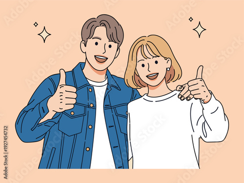Happy young couple showing thumbs up gesture, smiling friends expressing approval and success, positive feedback concept, satisfaction, recommendation and cheerful lifestyle illustration