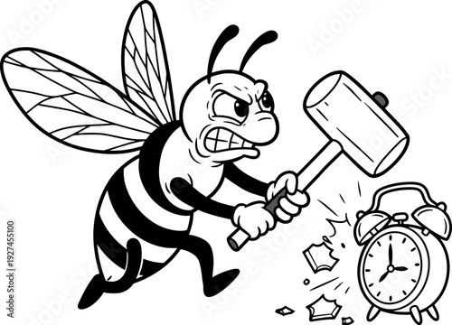 Animated Angry Bee Hitting Alarm Clock with Hammer in Black and White Cartoon Style