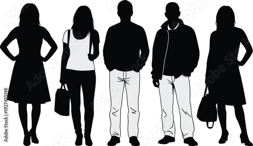 Men and women full body silhouettes in casual clothing isolated on white background, standing people vector illustration set
