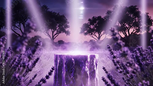 Lavender Field at Night with Beaming Spotlights and a Silhouetted Figure Beneath a Mystical Glow