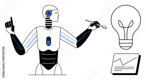 Android robot interacts with data on a tablet, holding a stylus, with a glowing light bulb. Ideal for technology, AI innovation, creativity, analysis, automation, futuristic concepts simple flat