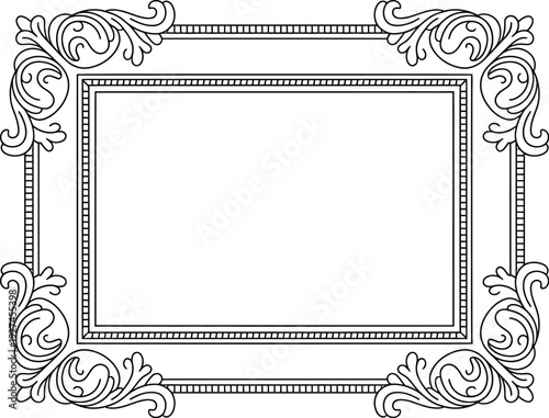 Decorative frame illustration, elegant ornamental border design for text with classic flourish elements, vintage style detailing, and customizable space for invitations, certificates, and luxury brand