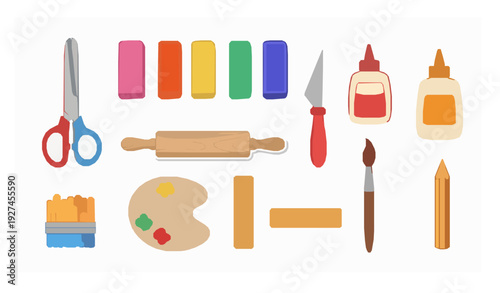 Colorful Art Craft Supplies Sticker Set with Scissors and Modeling Clay Flat Hand Drawn Vector Illustration