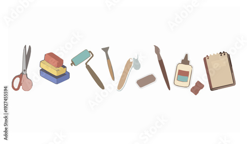 Educational Art Craft Supplies Vector Set with Modeling Clay and Scissors Flat School Sticker Collection