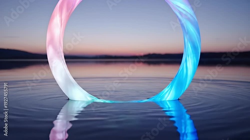Luminous Multicolored Ring of Light Floating on a Calm Lake at Sunset