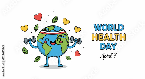 Cartoon earth character flexing muscles with sweatband on world health day surrounded by colorful hearts and leaves conveying fitness and wellness