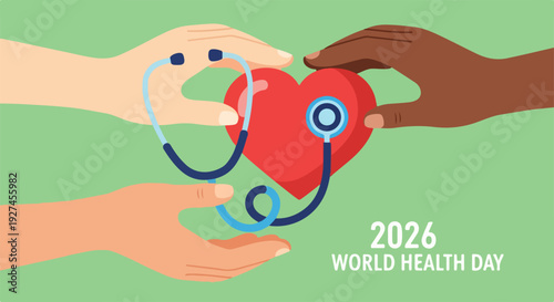 Diverse hands holding red heart with stethoscope for world health day symbolizing care and health unity