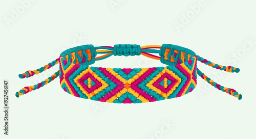 Vibrant woven bracelet with colorful geometric pattern on turquoise background jewelry accessory