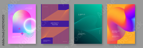 Set of four premium abstract posters featuring neon pink gradients geometric lines and futuristic mesh shapes for creative advertising