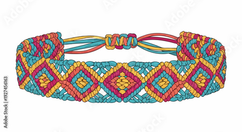 Vibrant beaded bracelet with colorful diamond pattern on turquoise background and adjustable cord closure