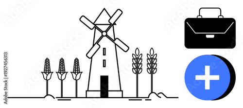 Agriculture theme. Agricultural windmill surrounded by wheat and corn plants. Agriculture highlights natural resources and farming. Agriculture, business efficiency, and sustainability. For green