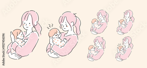 母親と赤ちゃんの育児バリエーション イラストセット 6種類