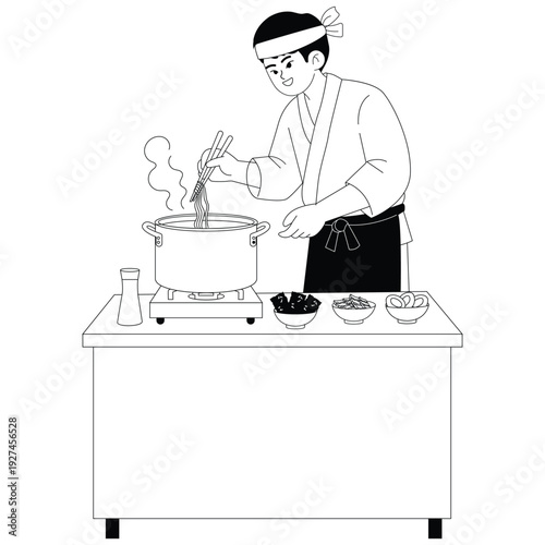 Black and white illustration of a chef cooking ramen noodles in a pot on a stove with ingredients prepared on the table.
