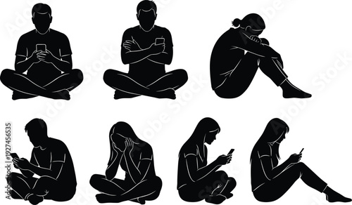 Black silhouettes of people sitting on floor with smartphones, young men and women using mobile phones, technology and social isolation, vector.