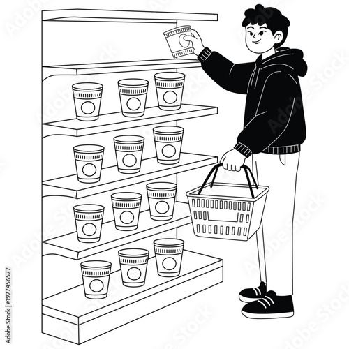 Black and white illustration of a shopper selecting instant ramen cups from a supermarket shelf with basket in hand.