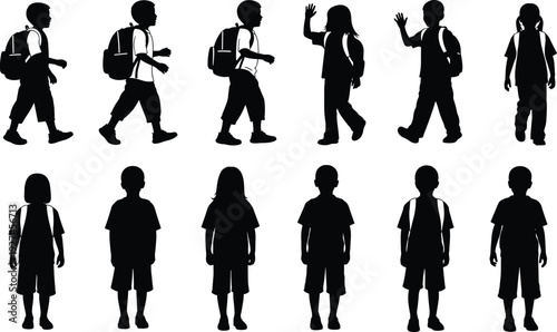 Set of black silhouettes showing school children with backpacks walking and standing, elementary students isolated on white background, education vector.