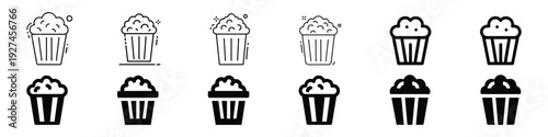 Popcorn cinema snack and movie night line icon set – editable outline symbols of popcorn bucket, film entertainment, festival and party treat