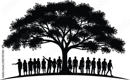 Large group of people standing under a massive spreading oak tree silhouette, community unity, environmental protection, nature conservation,