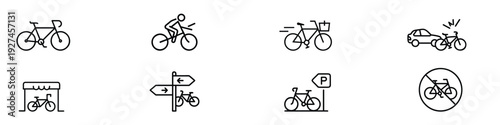 Bicycle transport and cycling route line icon set – editable outline symbols of bike, cyclist, parking, traffic sign, accident and delivery service