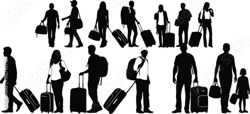Black silhouettes of travelers with suitcases and backpacks walking, group of tourists going on vacation, travel vector isolated on white.