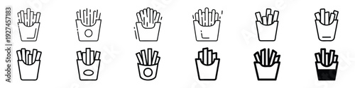 French fries fast food snack line icon set – editable outline symbols of potato fries box, takeaway meal, junk food and restaurant menu