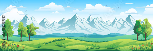 Green alpine meadows and hills against a backdrop of mountain peaks, panoramic view, vector illustration