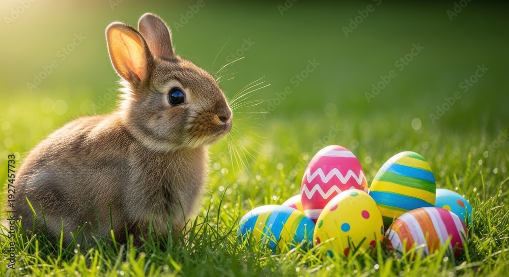 Obraz premium A cute brown bunny sitting in green grass with colorful Easter eggs