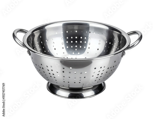 Highly polished reflective stainless steel kitchen colander with two loop handles perfect for straining pasta vegetables or washing fruit  