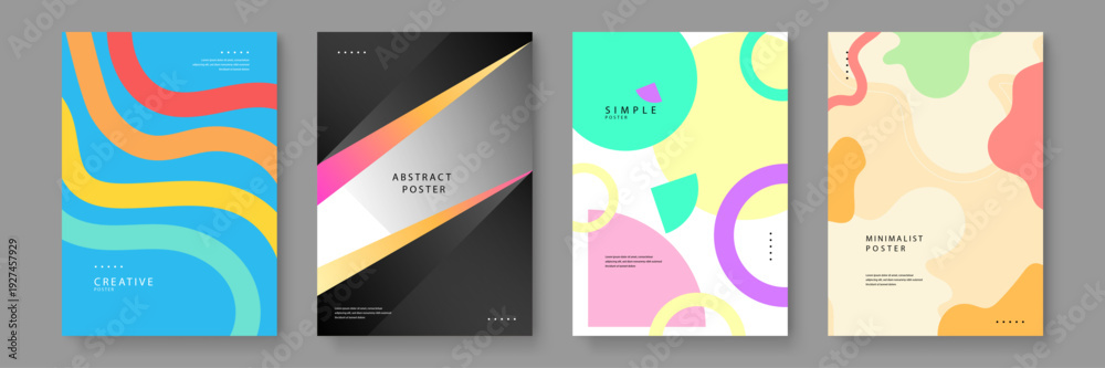 Fototapeta premium A bundle of four vibrant modern posters showcasing colorful waves geometric circles and abstract liquid compositions for creative sets