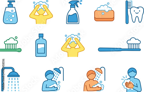 Personal hygiene and daily cleaning icons set including handwashing, showering, brushing teeth and soap use, colorful outline vector illustration for health, sanitation and cleanliness concepts