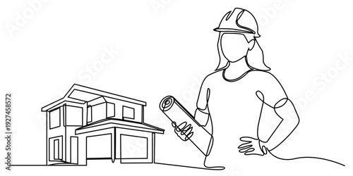 Adobe Illustrator Artwoengineer, architect, woman, house, construction, blueprint, drawing, line, art, minimalist, continuous, professional, safety, helmet, building, design, architecture, home, resrk