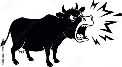 Black cartoon angry roaring buffalo with lightning in mouth on white background