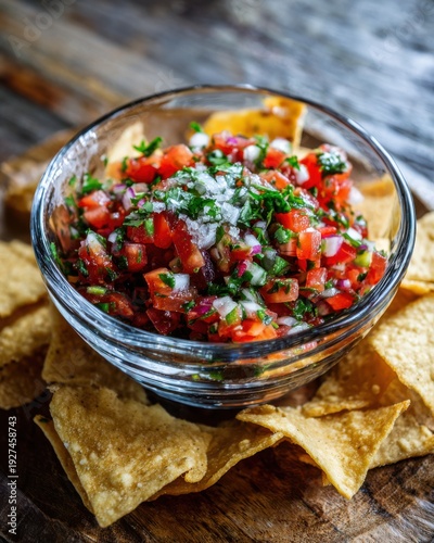 Fresh pico de gallo in glass bowl with tortilla chips salsa tomato
