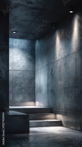 Minimalist industrial interior with concrete walls, brushed metal details, soft lighting, geometric composition, matte textures, and modern urban design