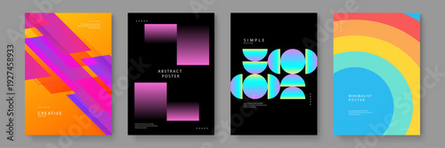 A collection of four professional abstract posters featuring vibrant gradients and geometric shapes for modern branding and interior decor