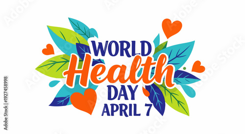 World health day logo with colorful leaves and hearts on white background symbolizing wellness and healthcare
