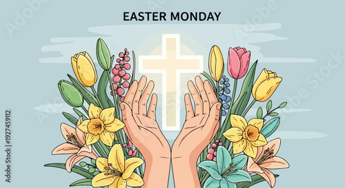 Hands up in prayer with easter flowers and cross symbolizing faith and spirituality on easter monday
